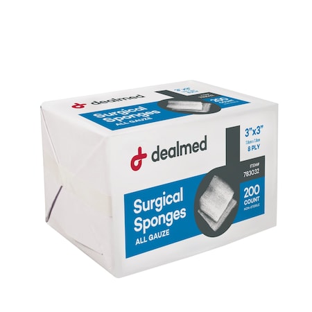 Dealmed Surgical Gauze Sponge, N/S, 3" X 3", 8 Ply, 200/Bx, 20/Cs, 4000PK 783032